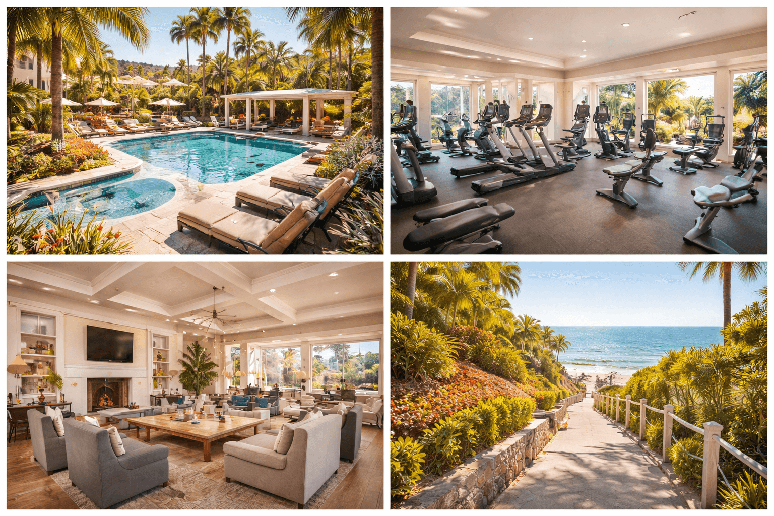 Coastal Properties amenities - pool, fitness center, lounge, and beach access